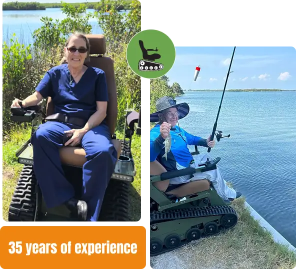 Smiling woman in tracked wheelchair fishing outdoors